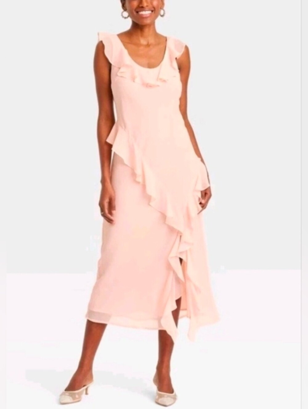 Ruffle Slip Dress Chiffon Asymmetrical Party Wedding Blush Pink Size XL